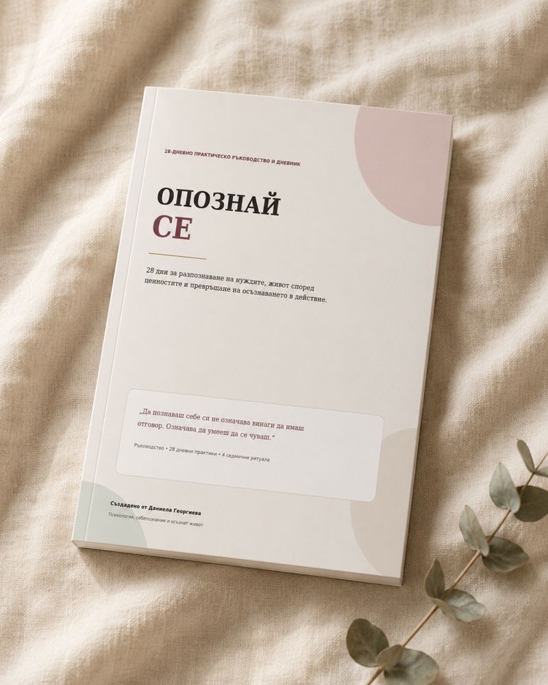 Дневникът Опознай се върху светъл текстилен фон